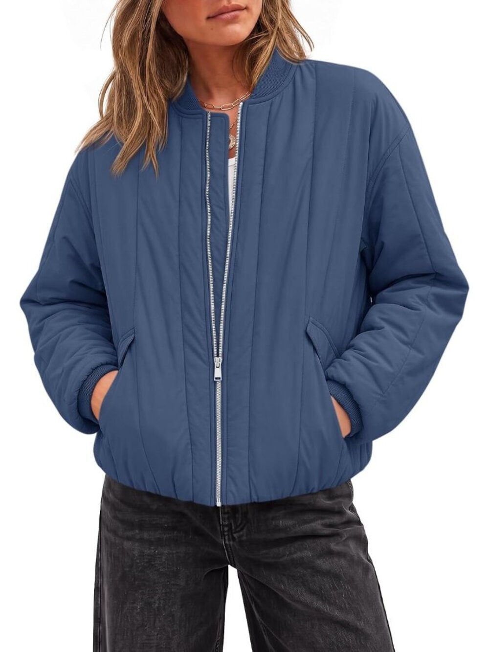 Women Navy Blue Band Collar Long Sleeve Zip Up Long Sleeve Baggy Bomber Jacket